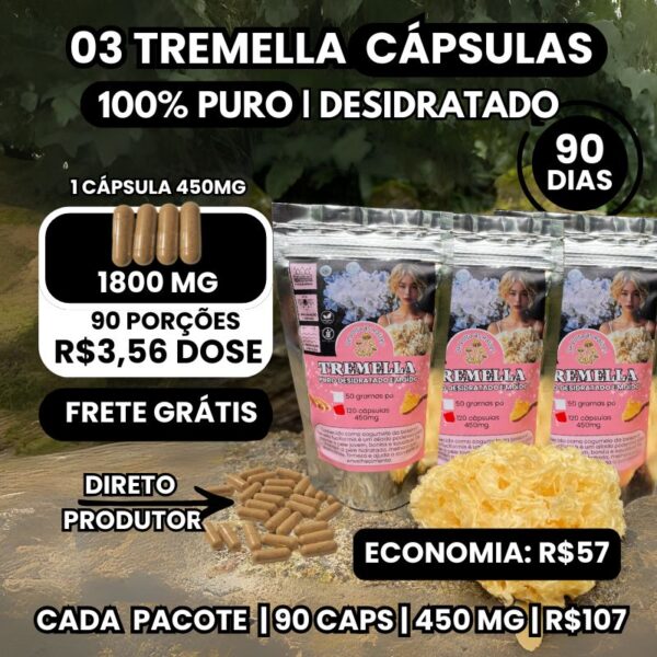 Kit 3 Pacotes Tremella Fuciformis em Cápsulas 120 Cápsulas Cada 450 mg