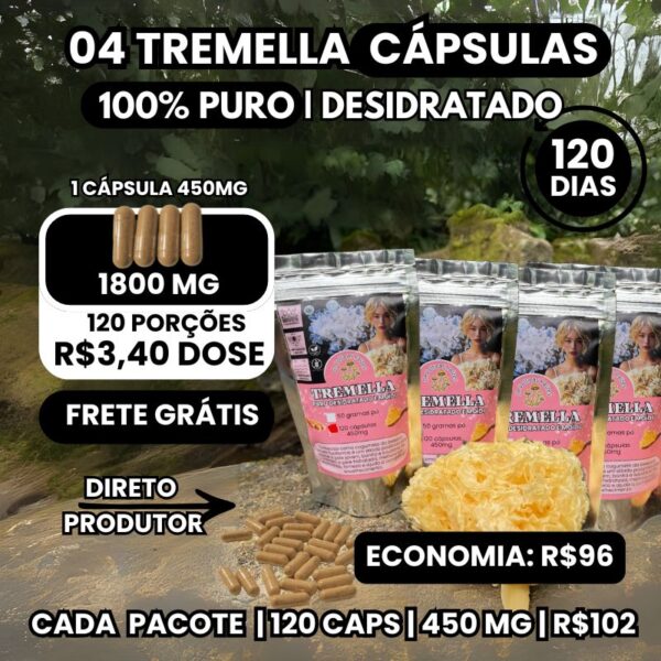 Kit 4 Pacotes Tremella Fuciformis em Cápsulas 120 Cápsulas Cada 450 mg