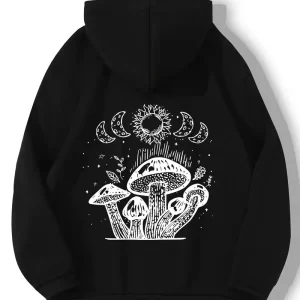 Camiseta de malha casual com capuz, design de cogumelo e sol de desenho animado, poliéster