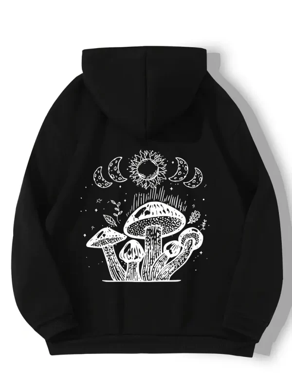 Camiseta de malha casual com capuz, design de cogumelo e sol de desenho animado, poliéster